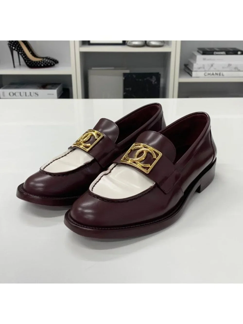 Chanel CC Logo Leather Loafers Burgundy White